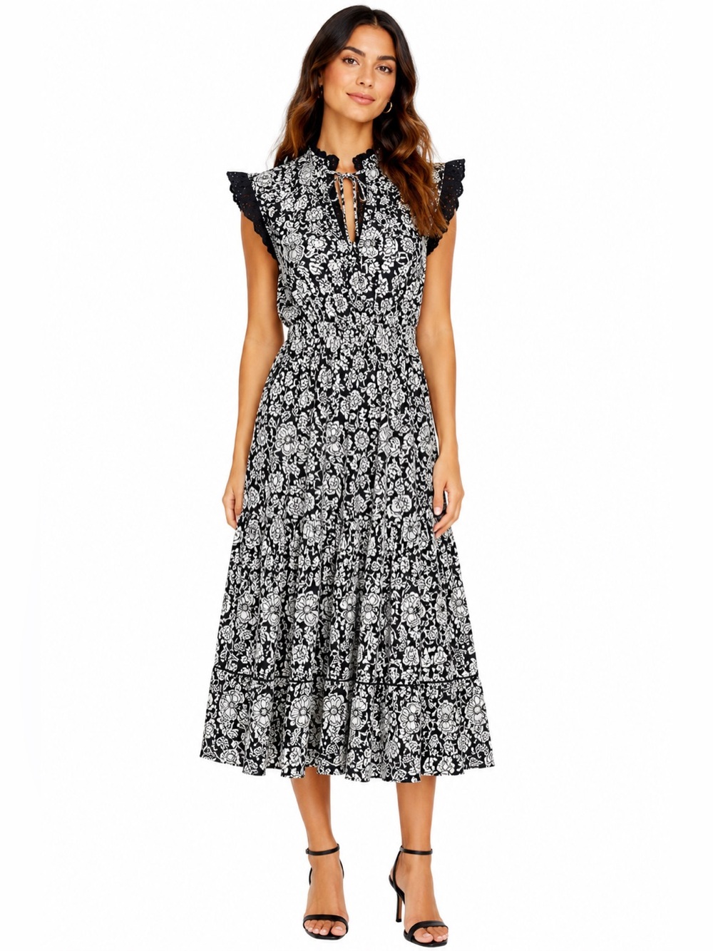 See By Chloé Prairie Midi Dress Black white ‎ 100% Cotton Size M Romantic Boho